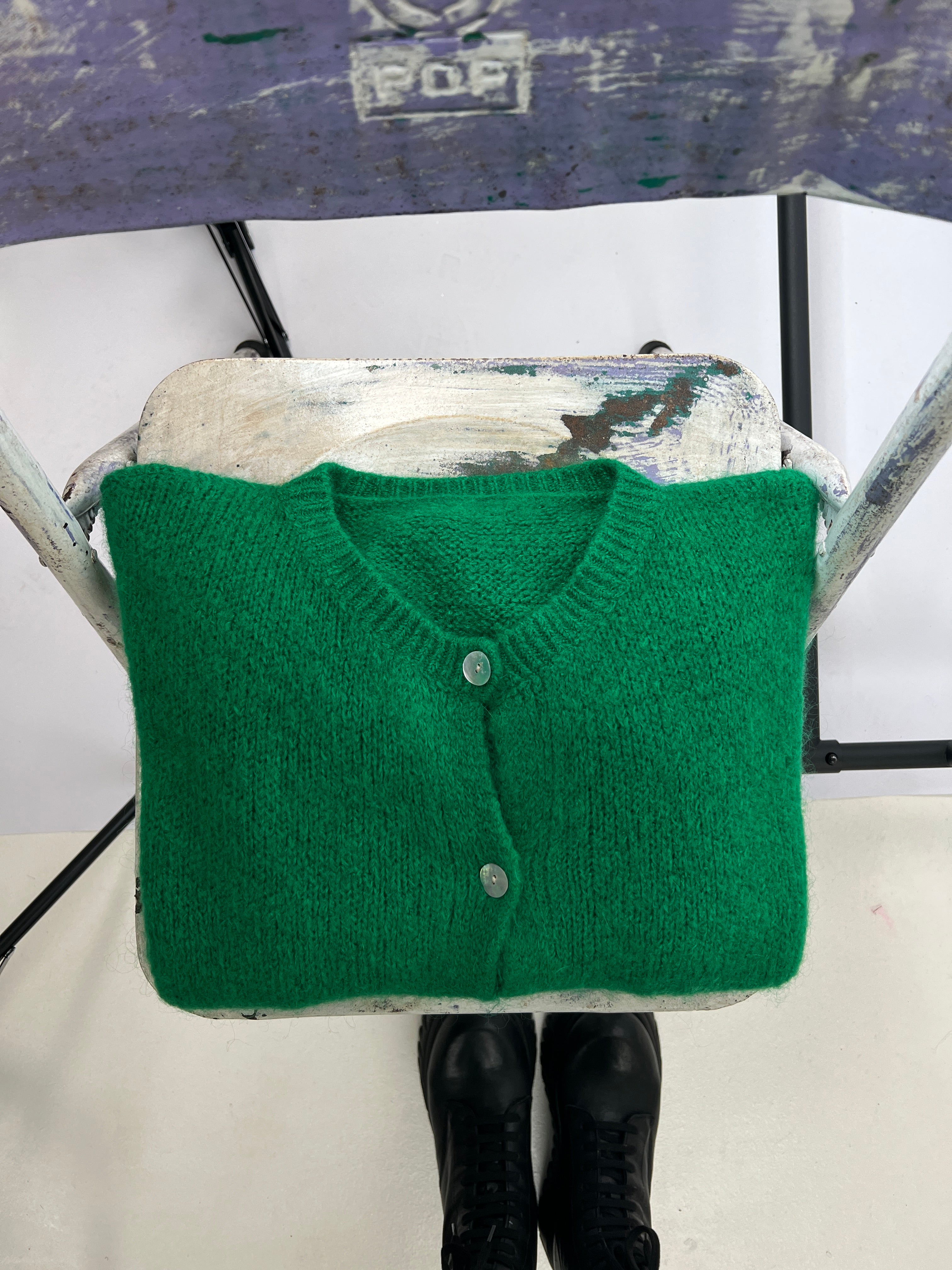 Grüne Knopfstrickjacke | Mohairmischung