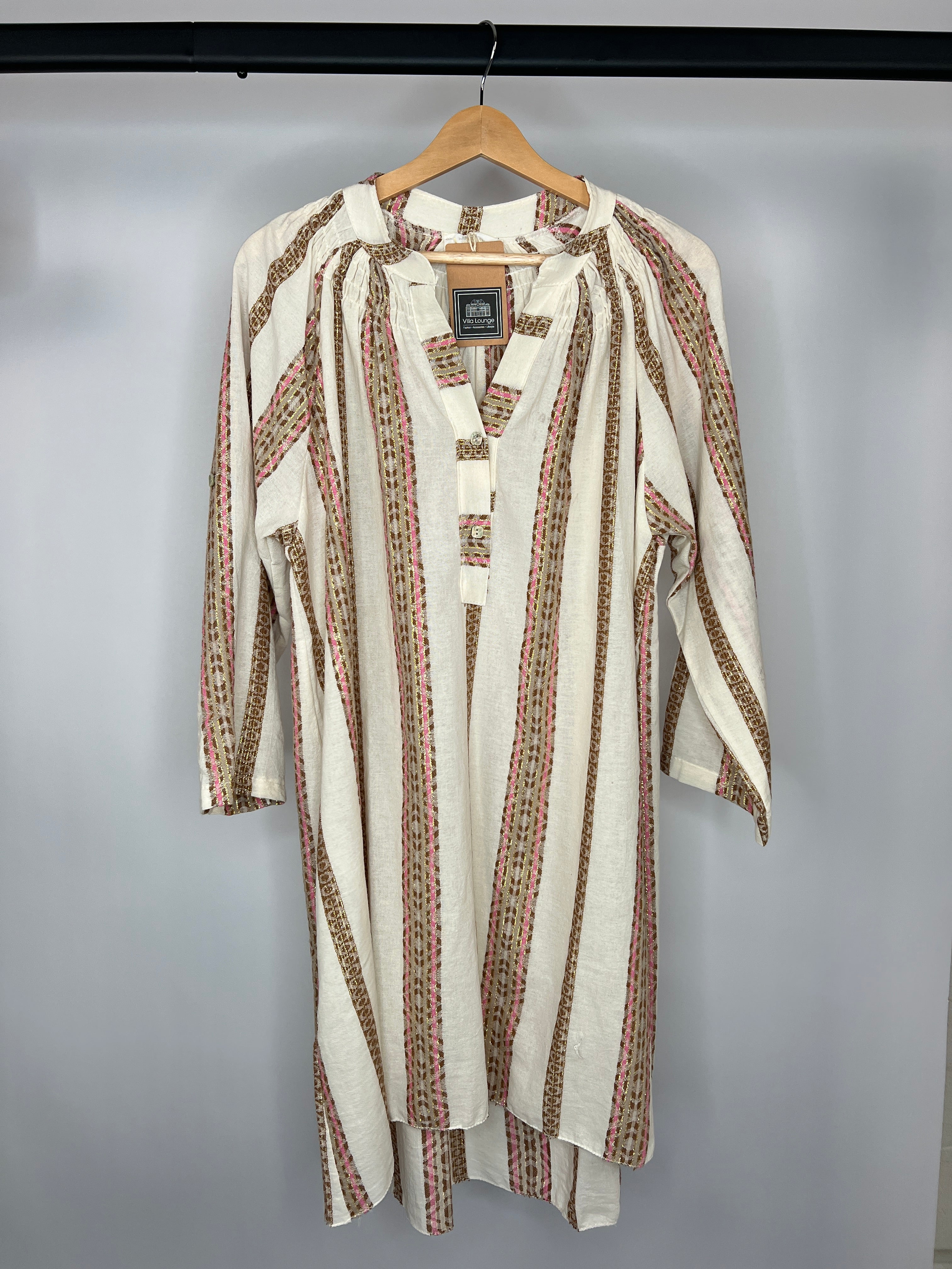 Gestreiftes Blusenkleid | beige, rosé, Baumwollmischung