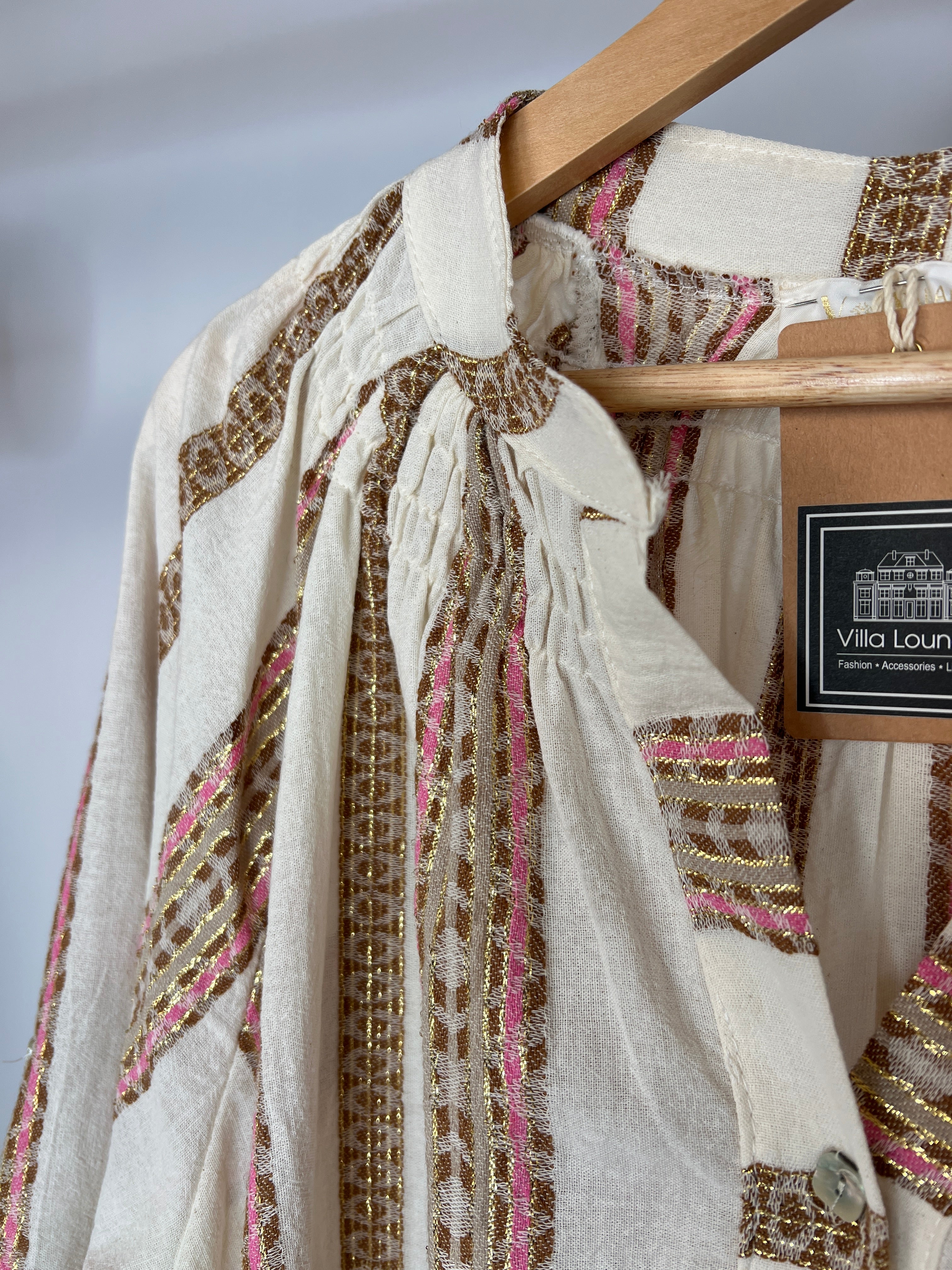 Gestreiftes Blusenkleid | beige, rosé, Baumwollmischung