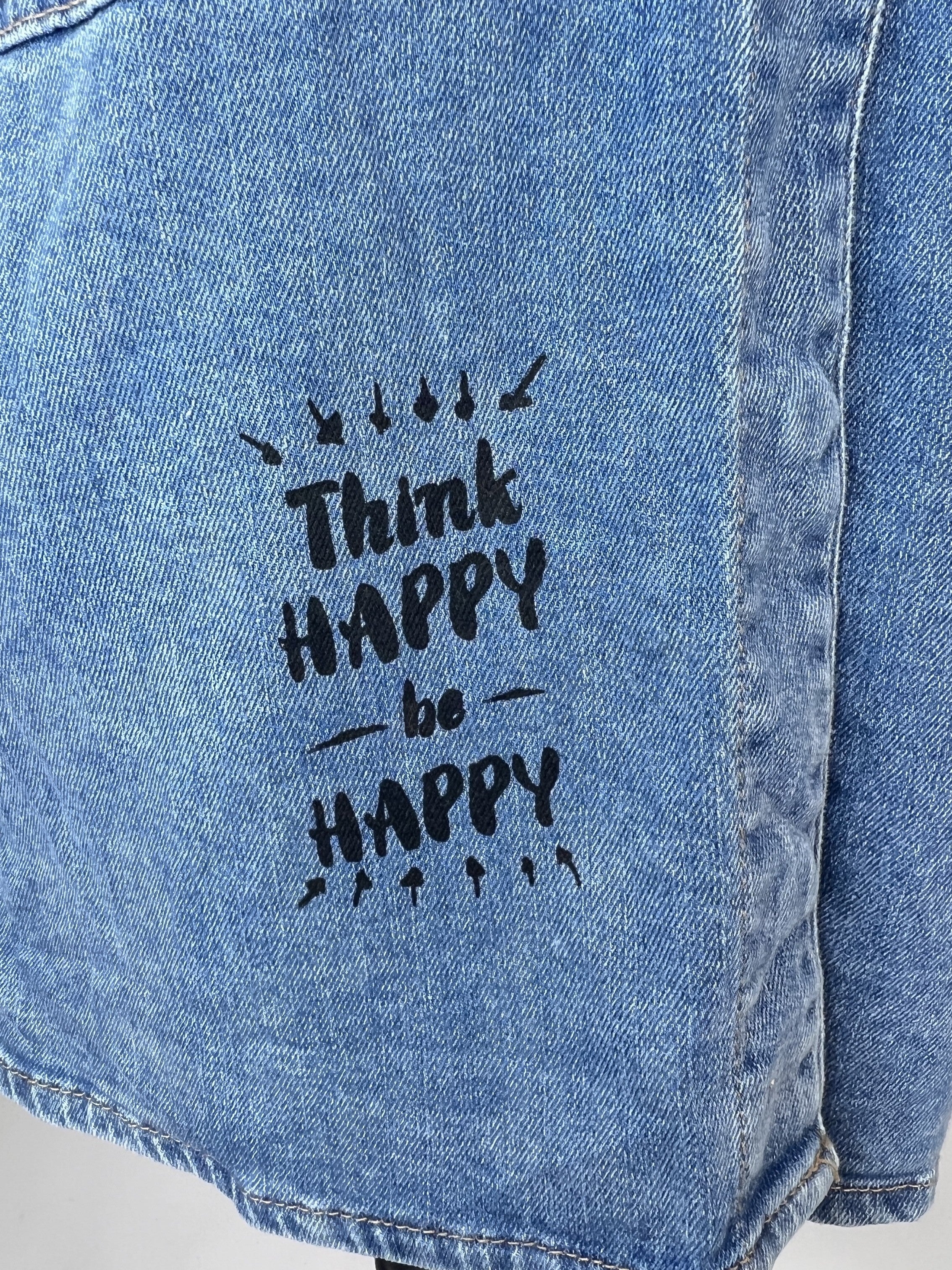 Jeansjacke | blau, Be Happy Print, 100% Baumwolle