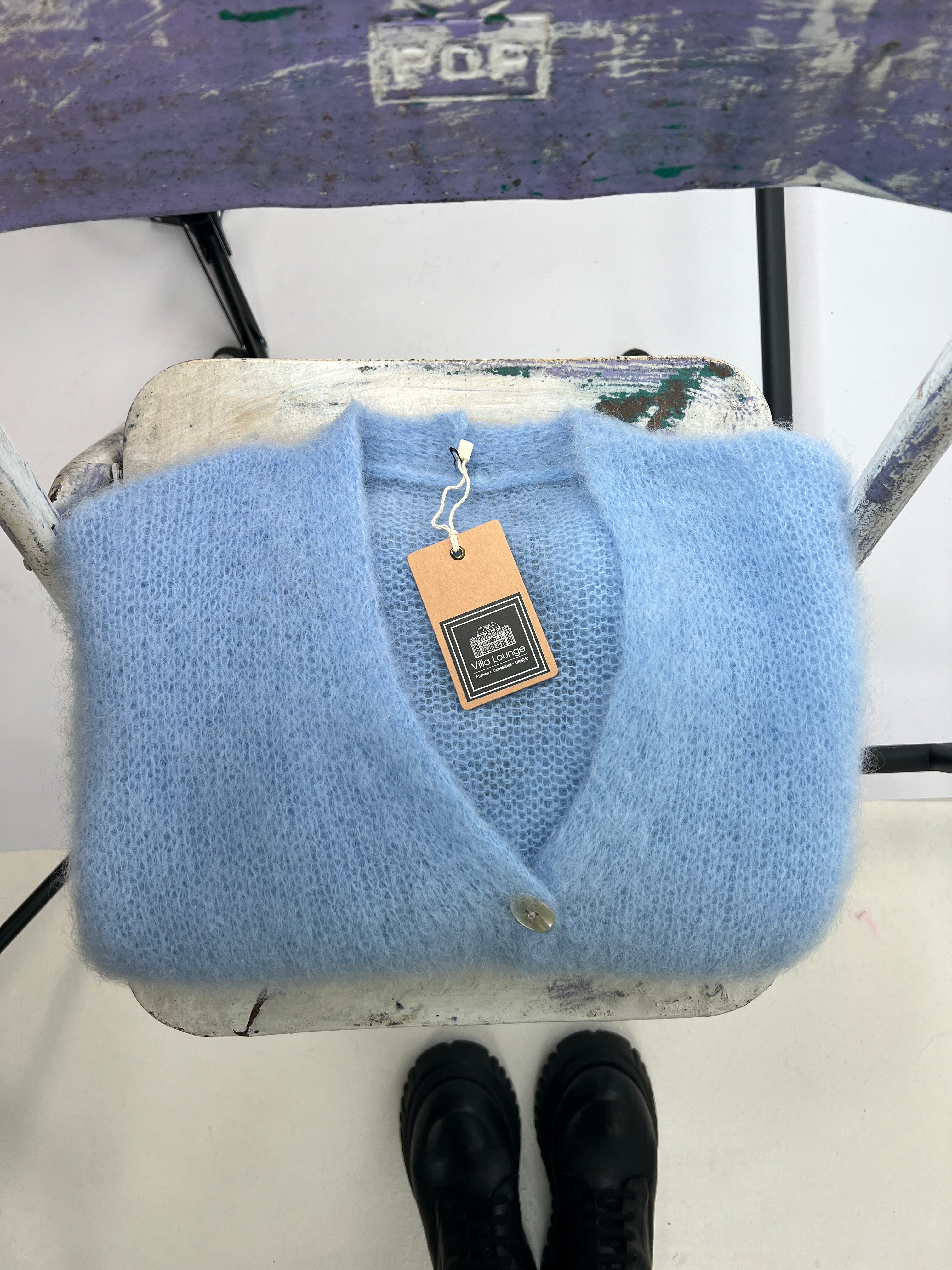 Mohair Kurzarmstrickjacke hellblau