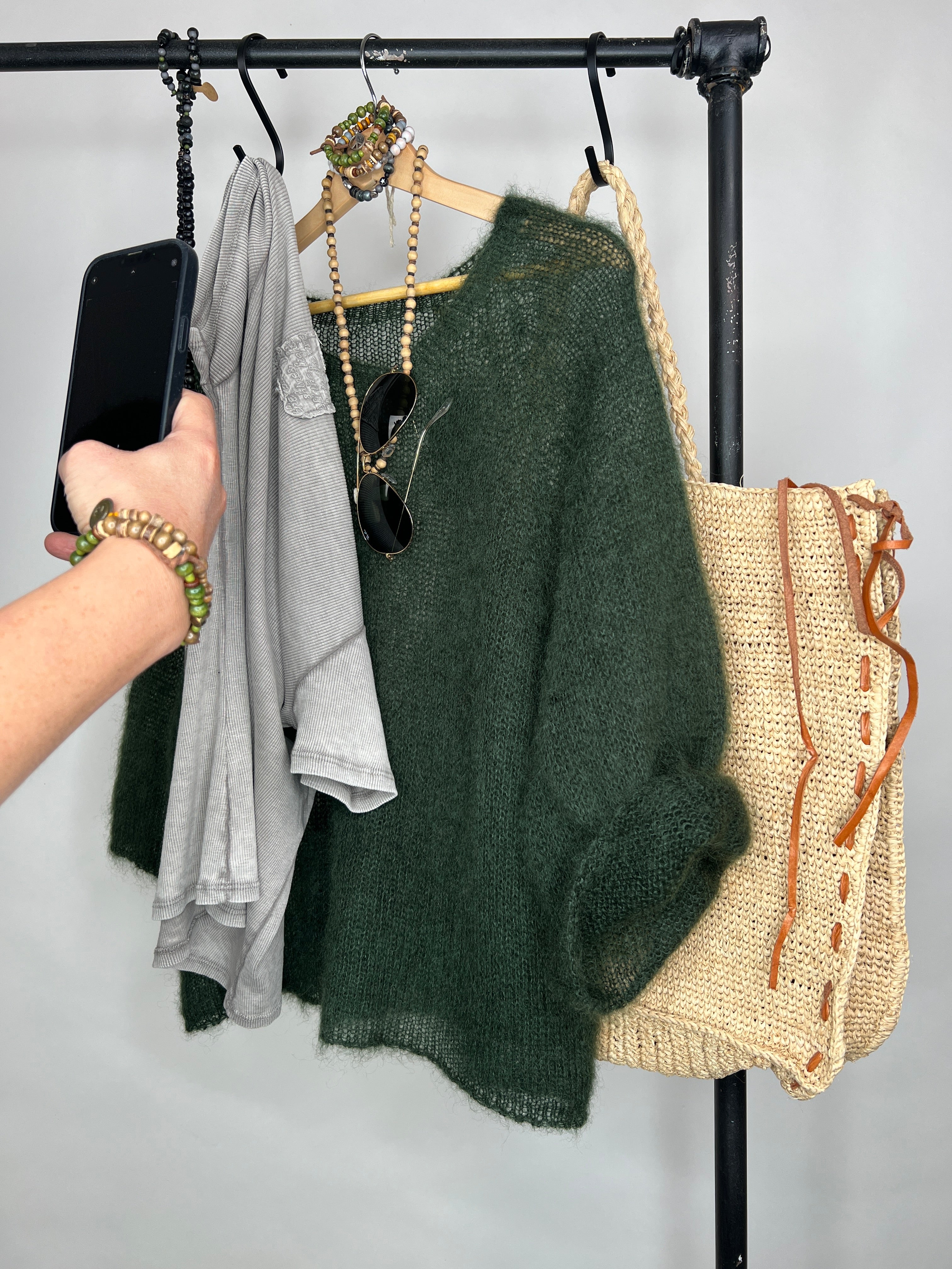 Mohair Kurzarmstrickjacke KHAKI