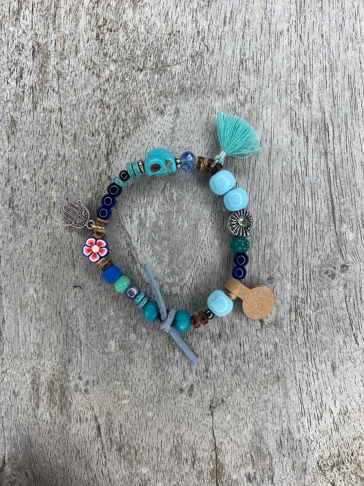 Hippiearmband Cala Escondida | Holzperlen blau, aqua