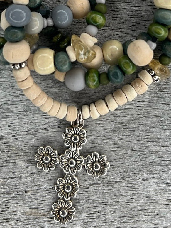 Hippiekette Ses Salines Ω Holzperlen natur, grau, khaki