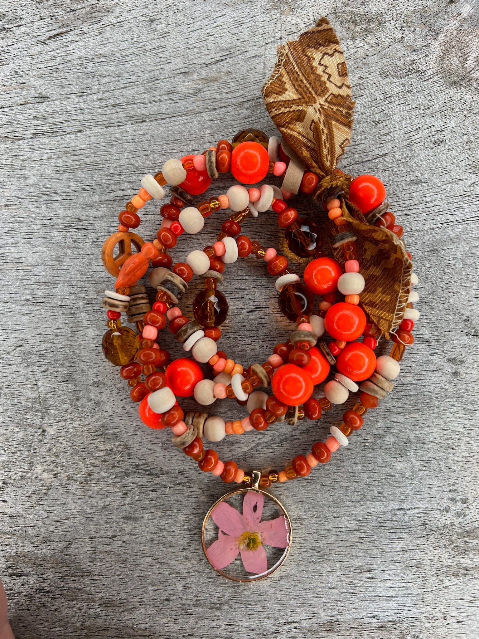 Hippiekette Migjorn | Holzperlen braun, neonorange