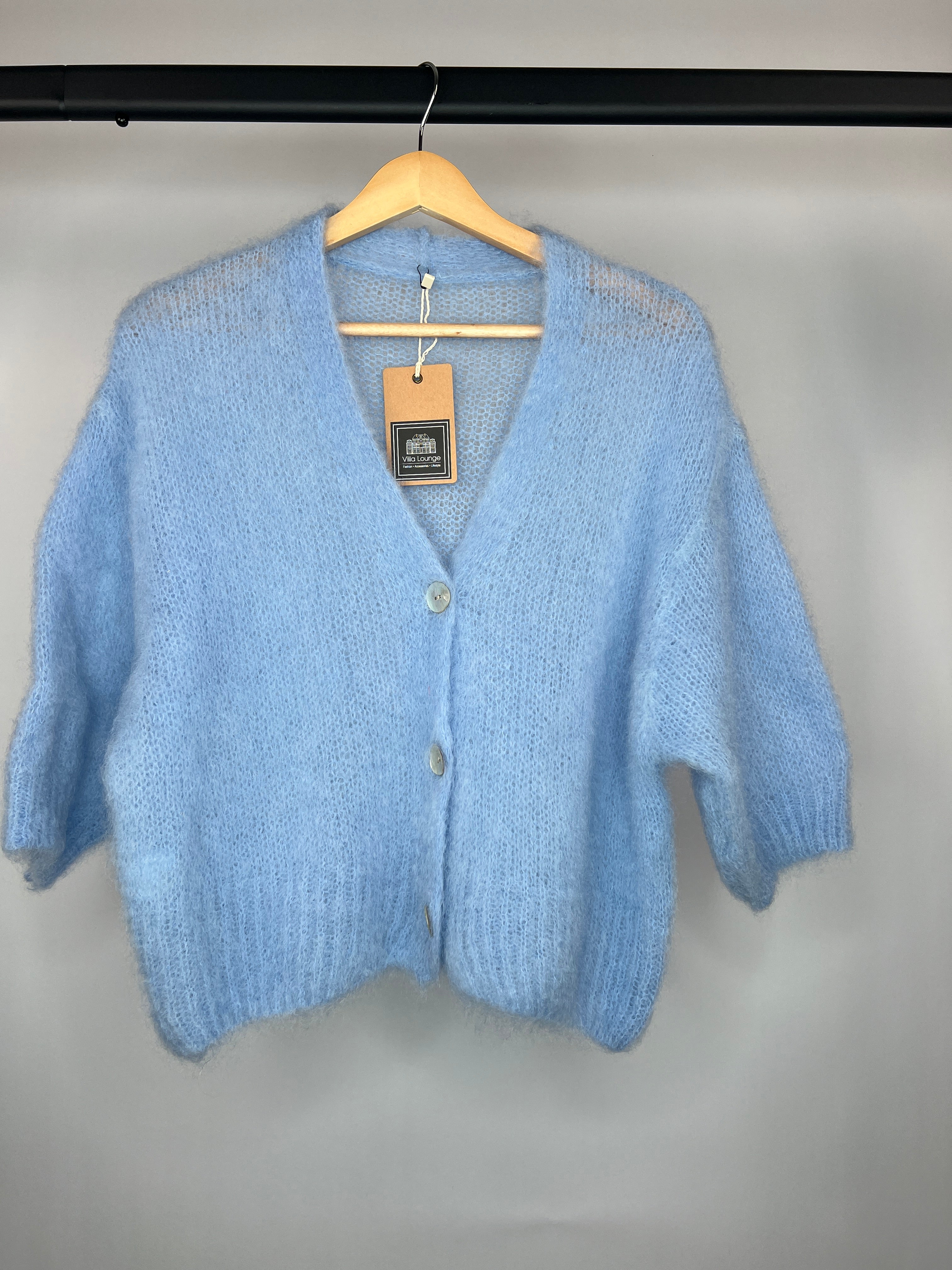 Mohair Kurzarmstrickjacke hellblau