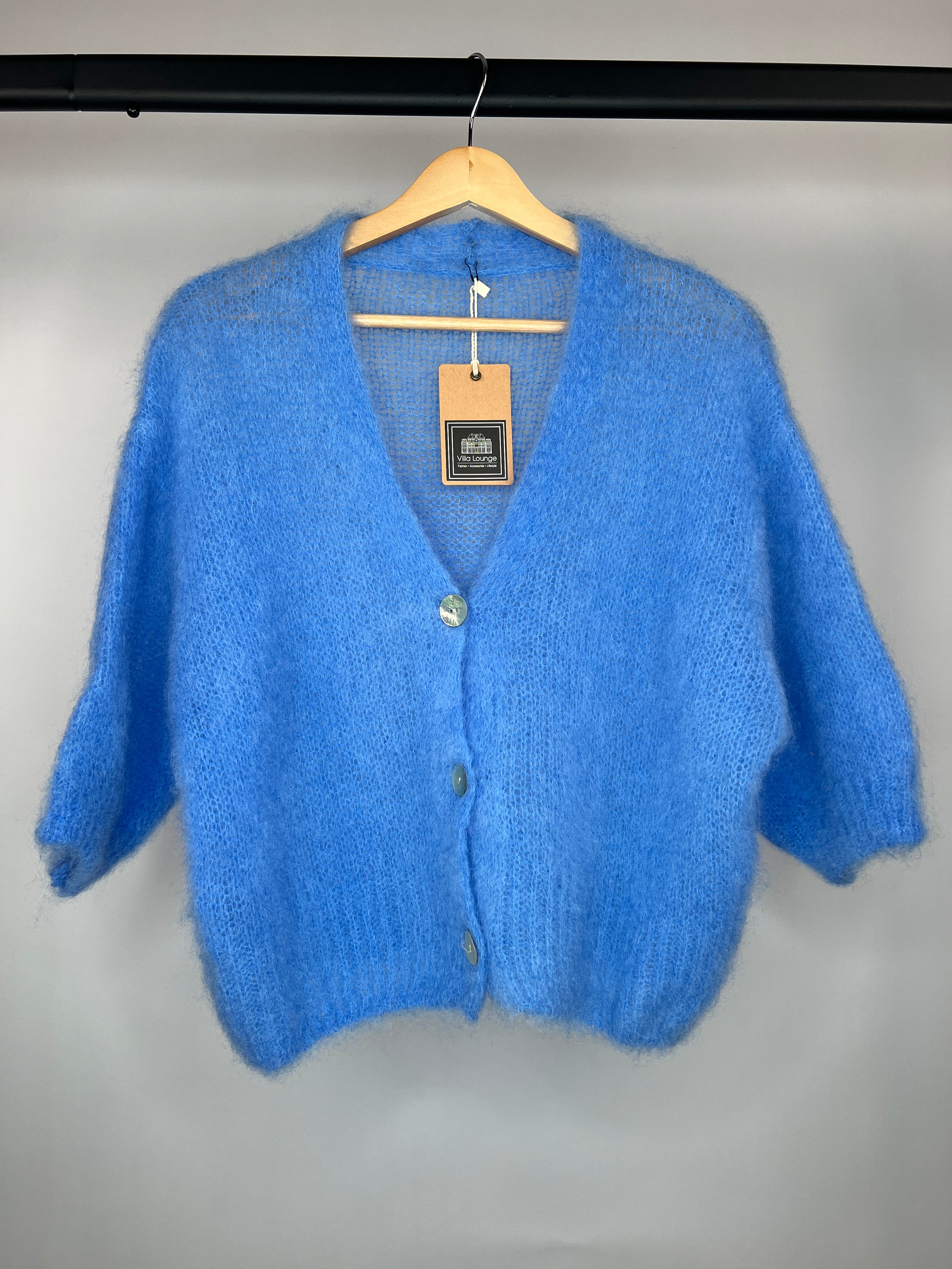 Mohair Kurzarmstrickjacke blau