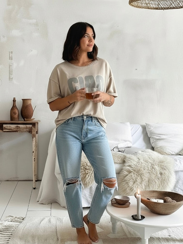 Oversized T-Shirt | Ciao Print, beige, Baumwollmix