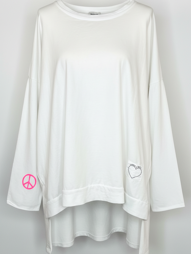Oversized Sweatshirt | weiß, Herz Print, Baumwollmischung