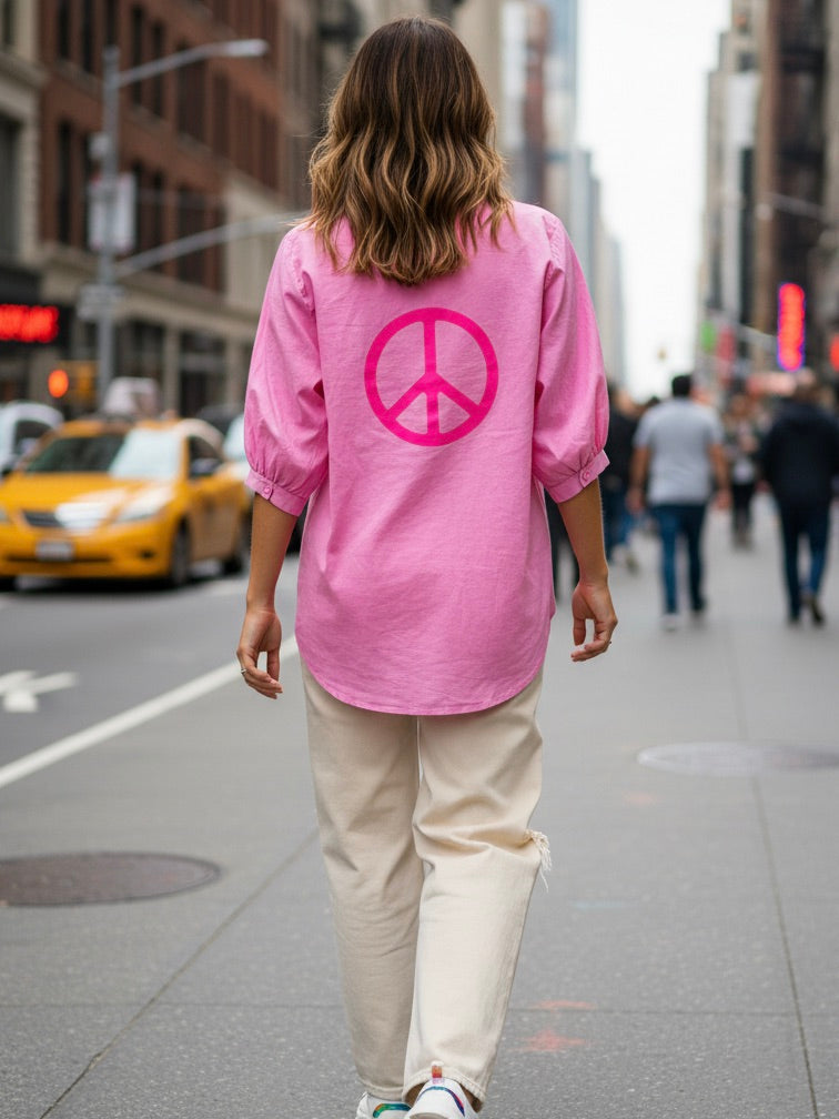 Hemdbluse mit Peace Print | rosa, 100% Baumwolle