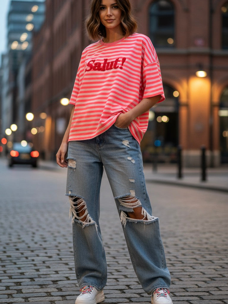 Gestreiftes T-Shirt | rosa, pink, Baumwollmix