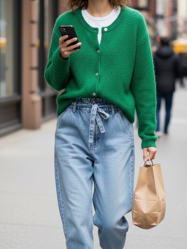 Grüne Knopfstrickjacke | Mohairmischung