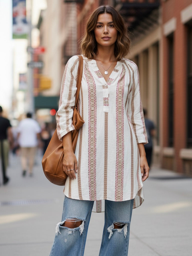 Gestreiftes Blusenkleid | beige, rosé, Baumwollmischung