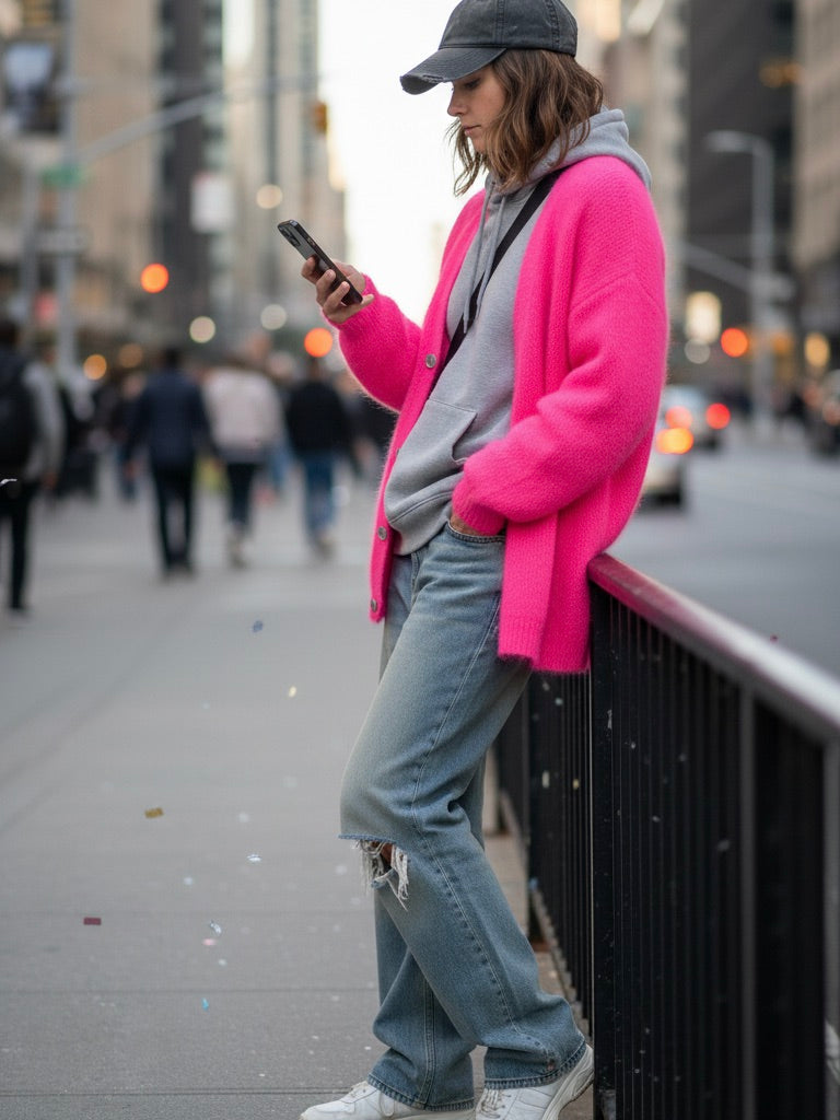 Mohair Strickjacke neon pink