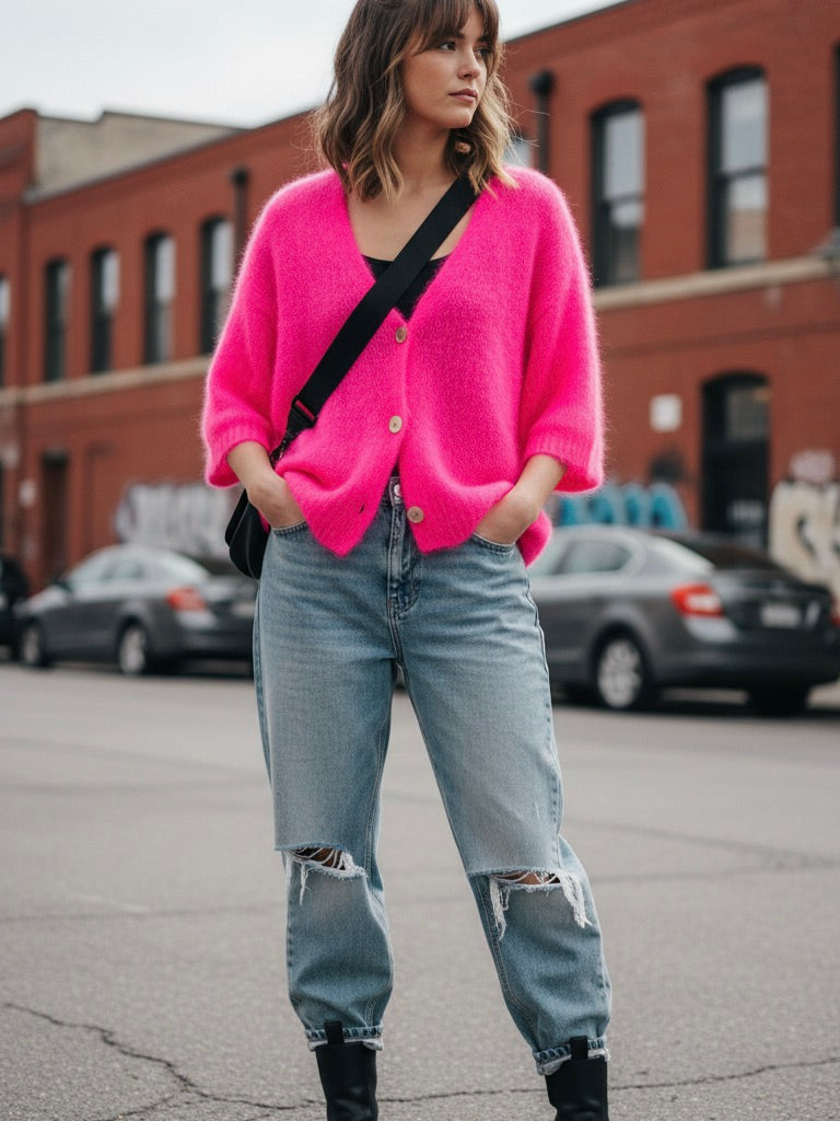 Mohair Kurzarmstrickjacke neonpink