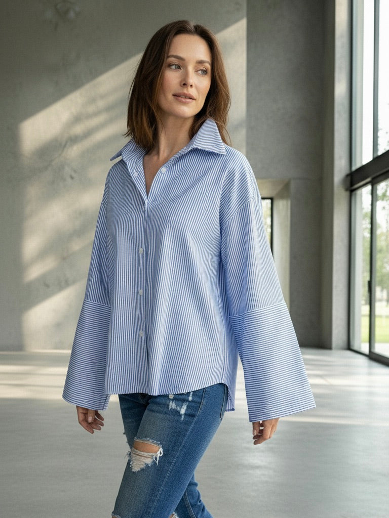 Blau-weiß gestreifte Hemdbluse | 100% Baumwolle, Peace Print