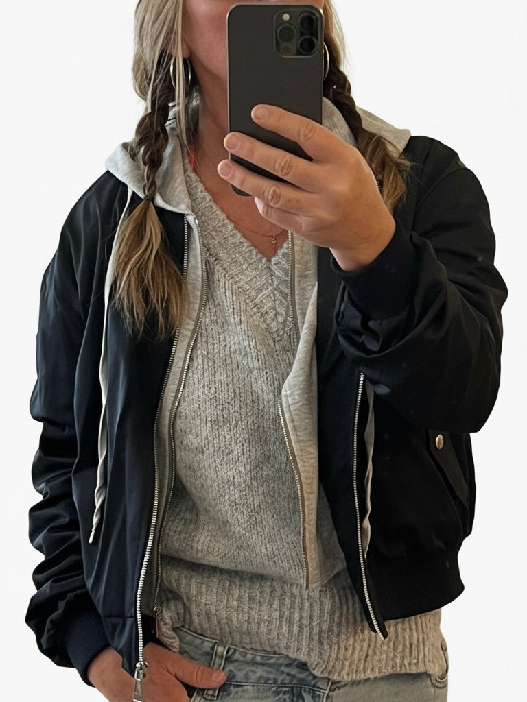 Bomberjacke marineblau | Kapuze grau