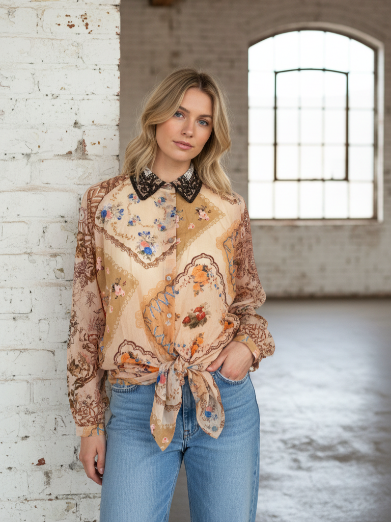 Lieblingsommerbluse Vintage | braun beige, Häkelkragen