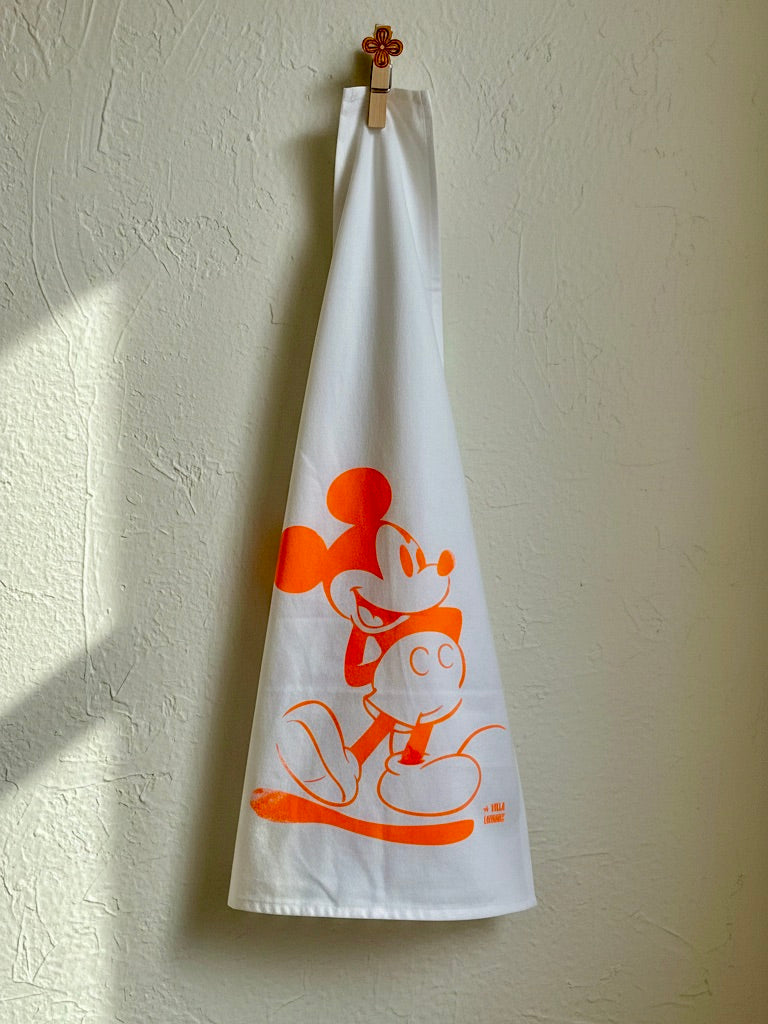 weißes Geschirrhandtuch Mickey | Halbleinen mit Mickeymouse Print in neonorange