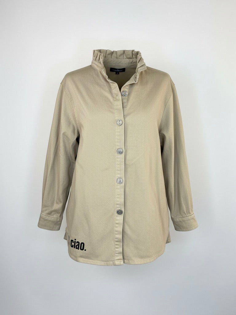 Hemdbluse Ok Ciao Print | beige, Rüschenkragen, 100% Baumwolle