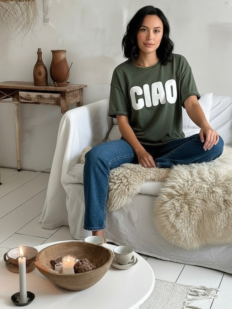 Oversized T-Shirt | Ciao Print, khaki, Baumwollmix