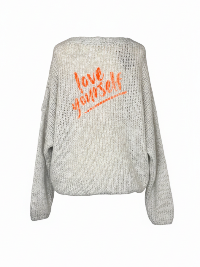 Oversized Strickjacke | beige, orange, Holzknöpfe