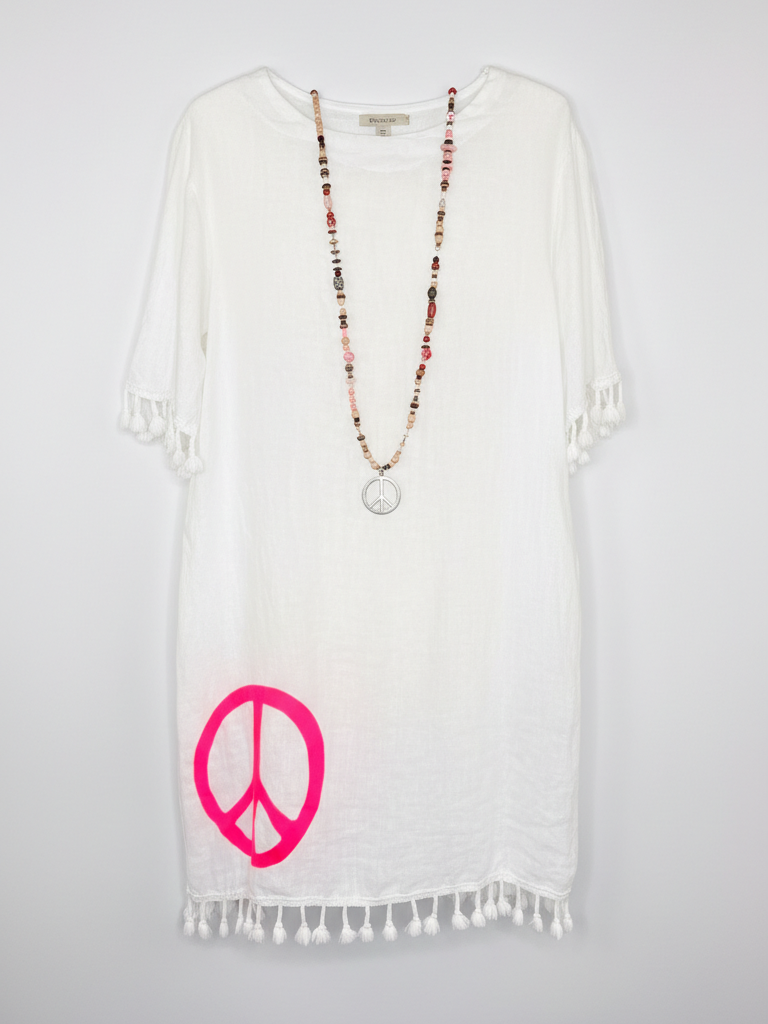 Weißes Quasten Kleid | Peace Print, 100% Baumwolle