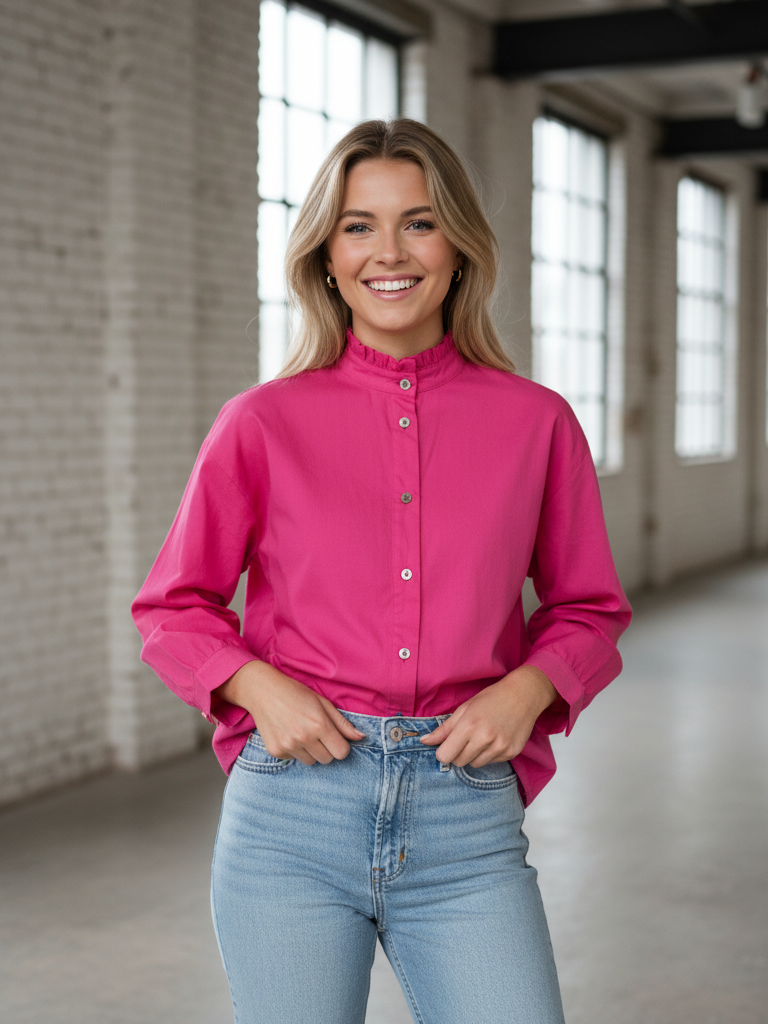 Bluse mit Stehkragen | pink, 100% Baumwolle, Smiley Print