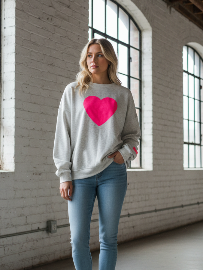 Sweatshirt grau | Herz Print neonpink