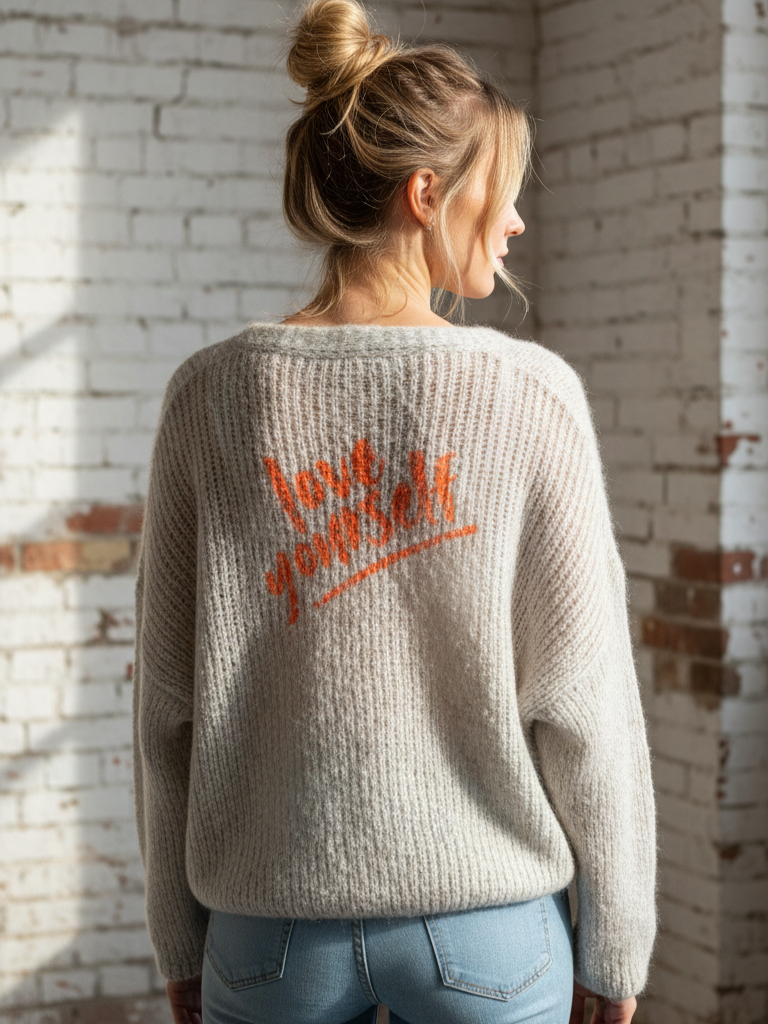 Oversized Strickjacke | beige, orange, Holzknöpfe