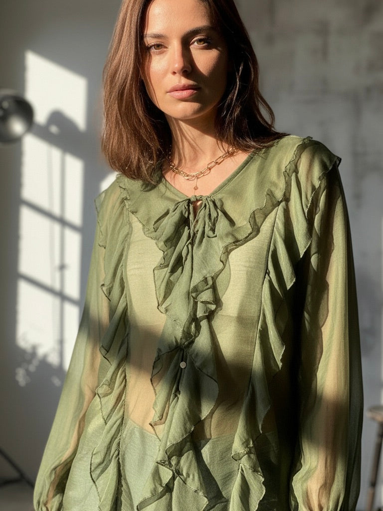 Luftige Rüschenbluse | Khaki, Knopfleiste