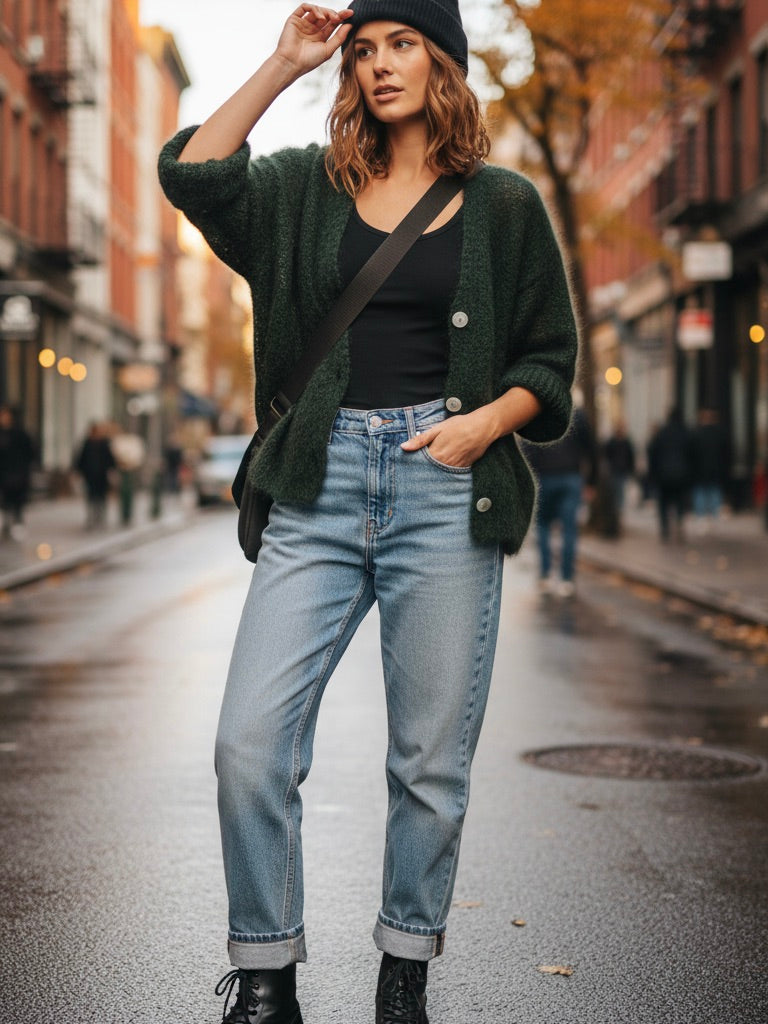 Mohair Kurzarmstrickjacke KHAKI