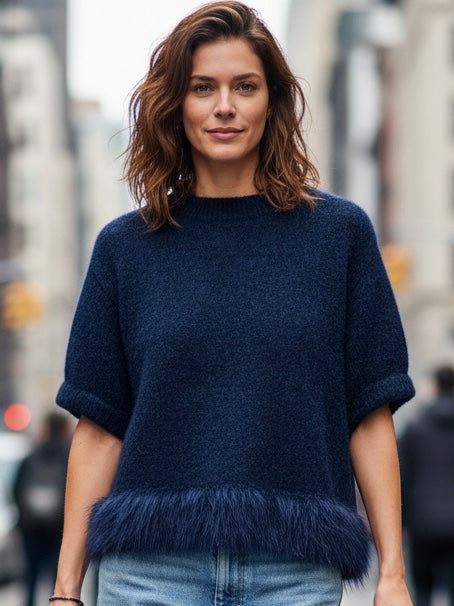 Kurzarm Pullover mit Fransen Dunkelblau