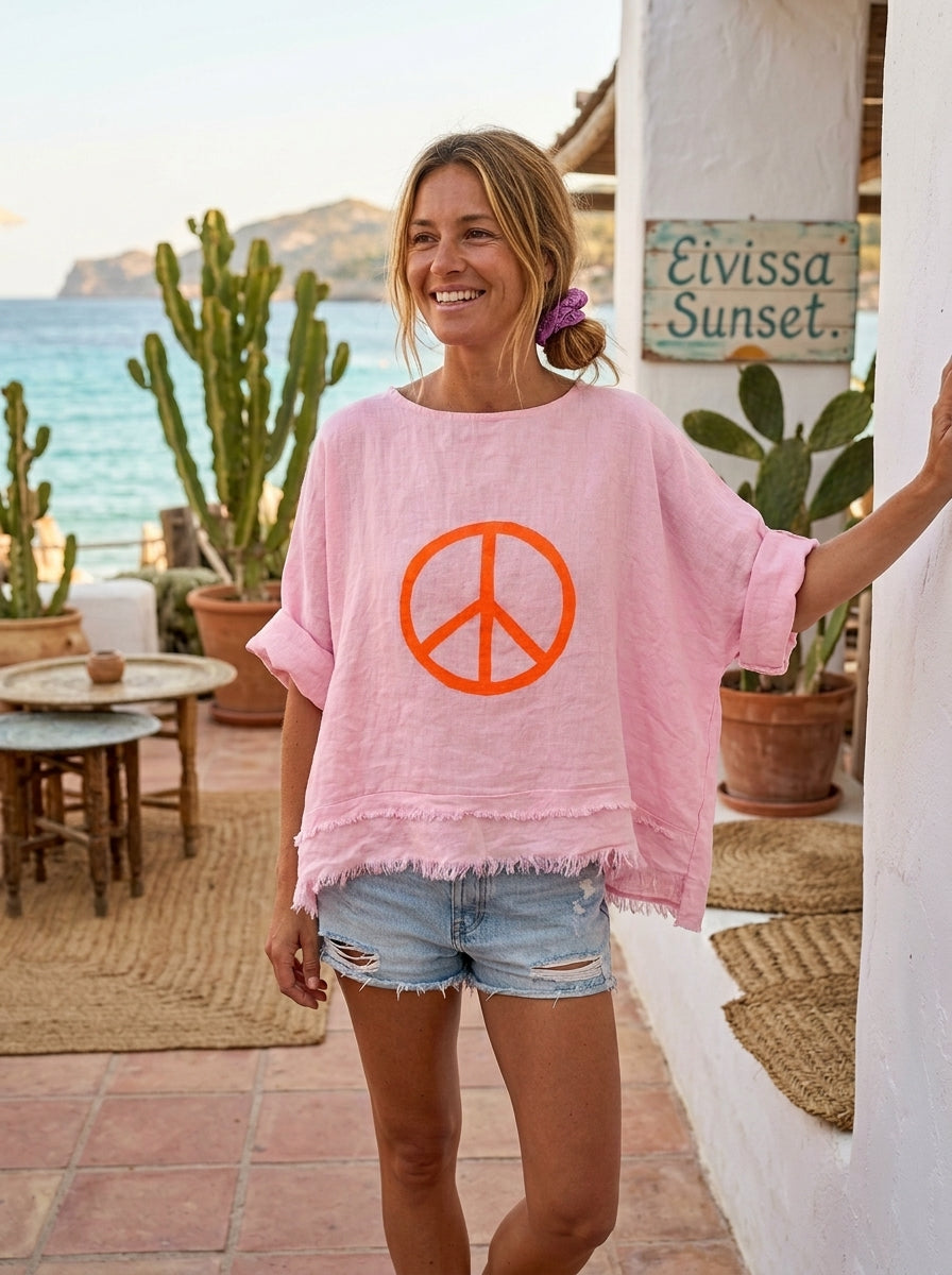 Leinenbluse mit Fransen | kurzgeschnitten, babyrosa