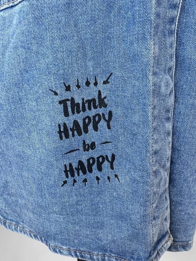 Jeansjacke | blau, Be Happy Print, 100% Baumwolle