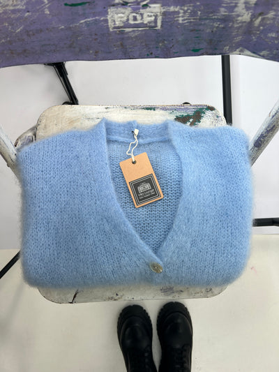 Mohair Kurzarmstrickjacke hellblau