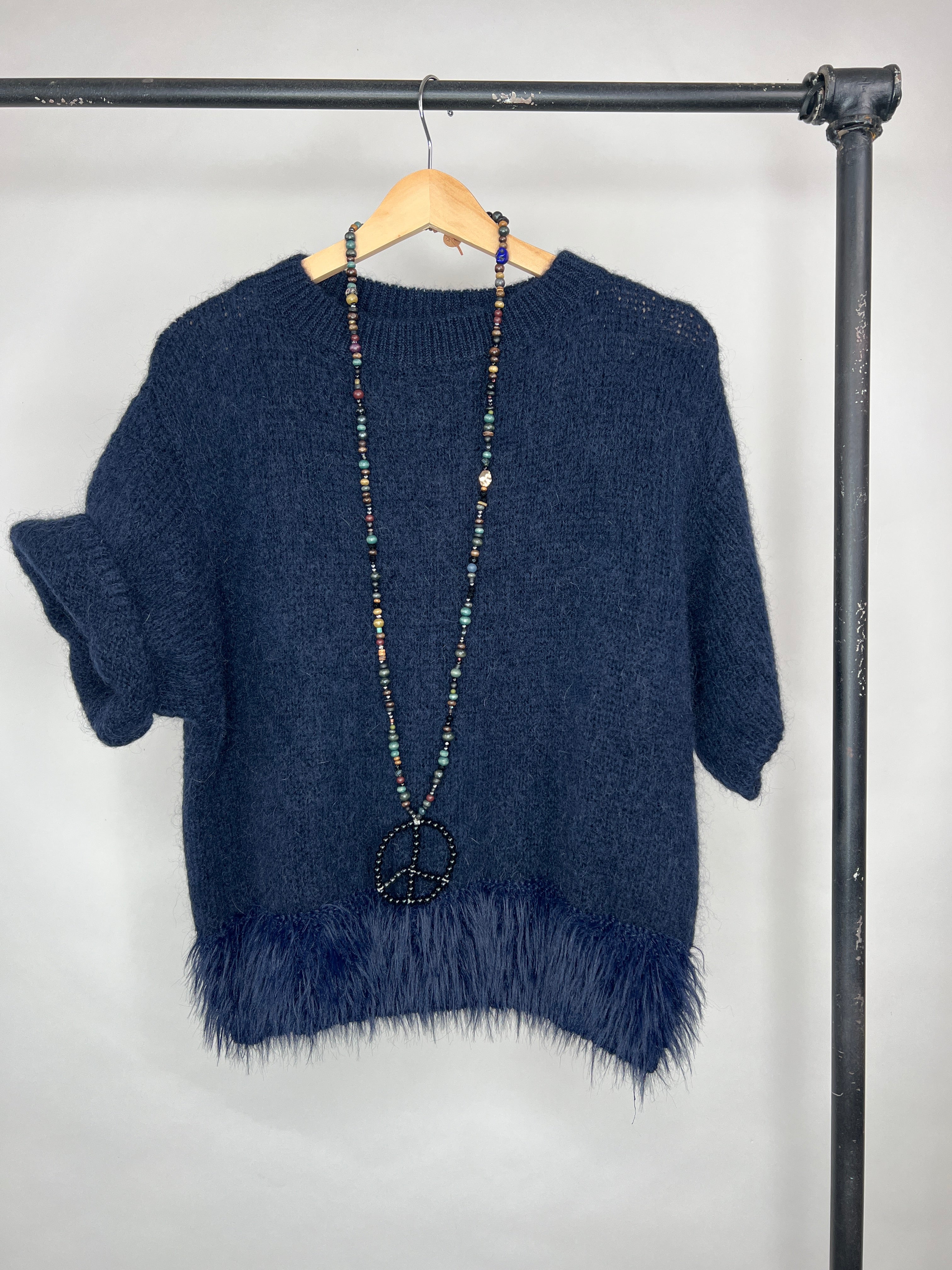 Kurzarm Pullover mit Fransen Dunkelblau