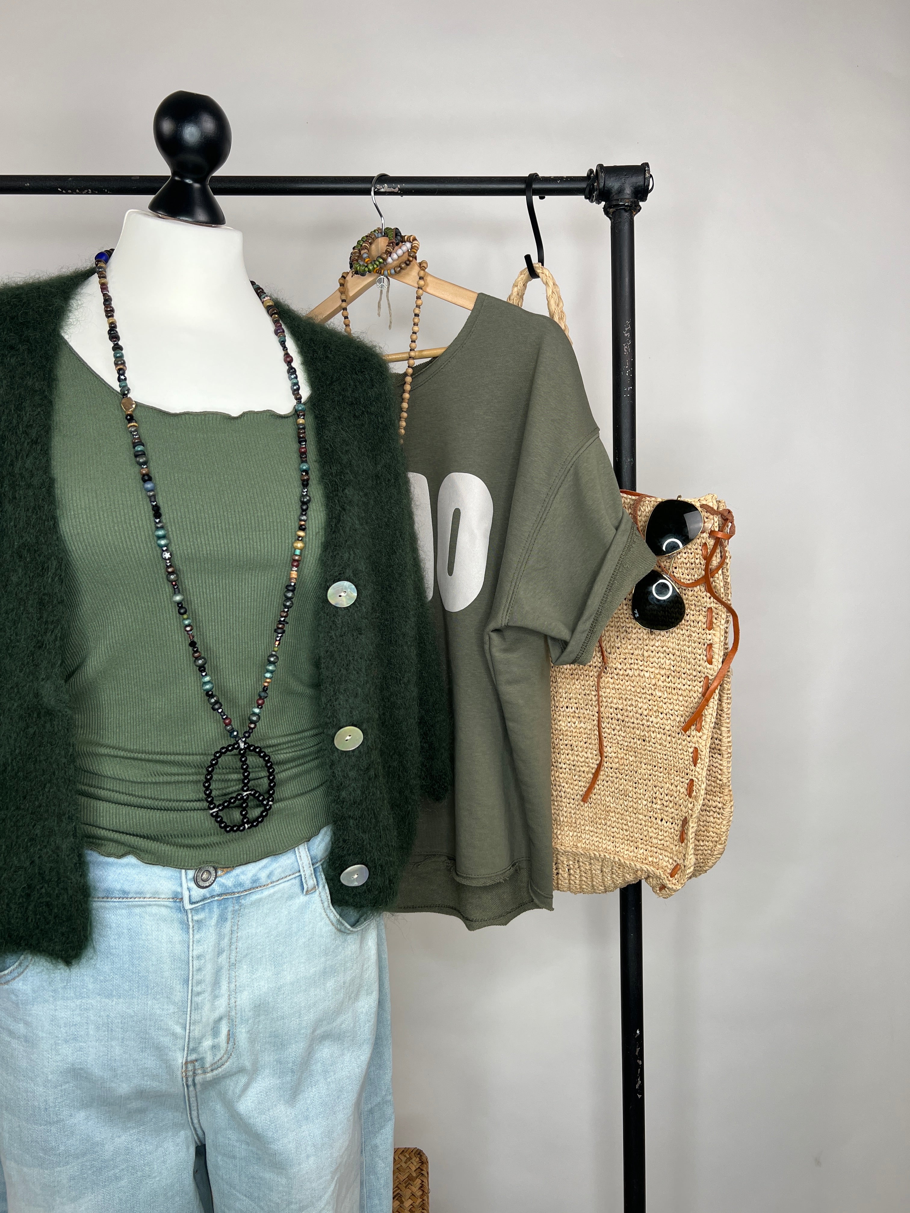 Mohair Kurzarmstrickjacke KHAKI