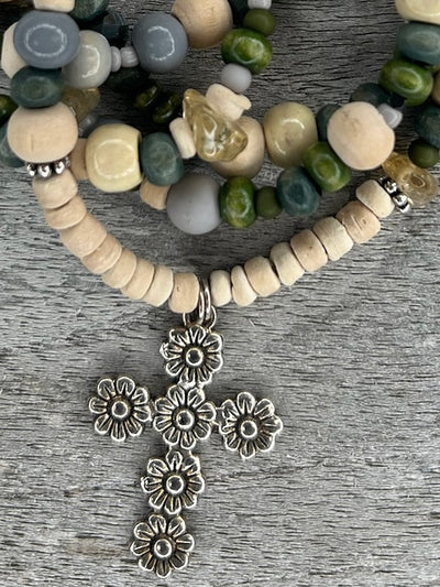 Hippiekette Ses Salines Ω Holzperlen natur, grau, khaki