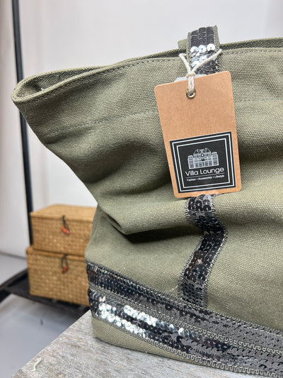 Tasche mit Pailetten | khaki, 100% Baumwolle