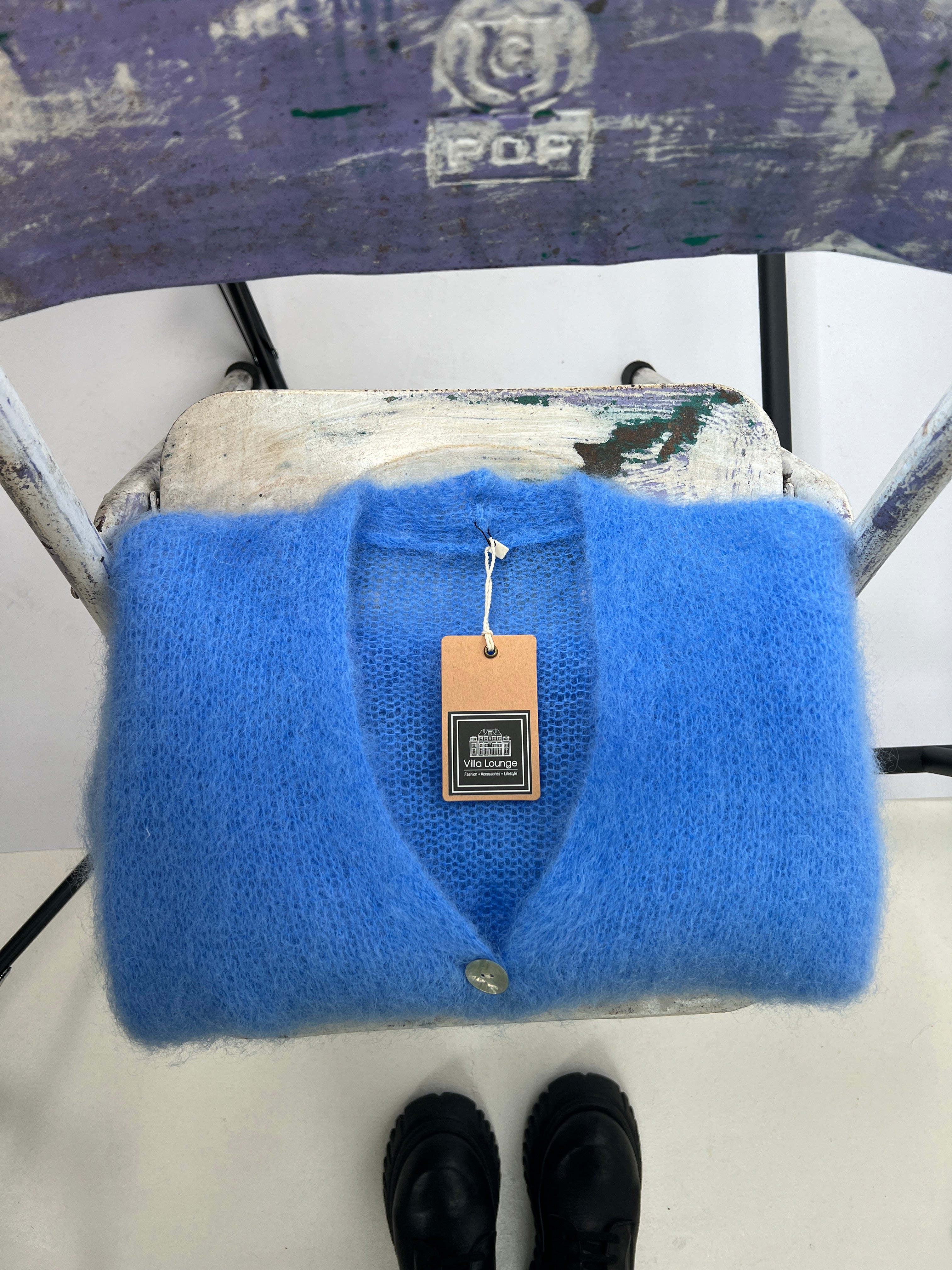 Mohair Kurzarmstrickjacke blau