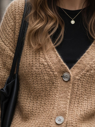 Glitzer Strickjacke | Paillettenbesatz, camel