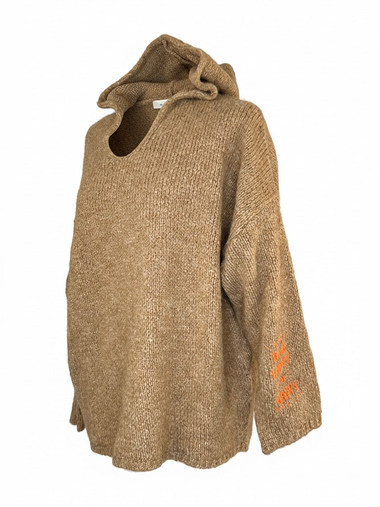 Strickpullover mit Kapuze | camel, Happy Be Happy Print