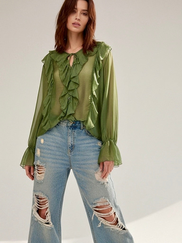 Luftige Rüschenbluse | Khaki, Knopfleiste