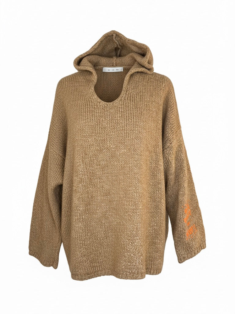 Strickpullover mit Kapuze | camel, Happy Be Happy Print