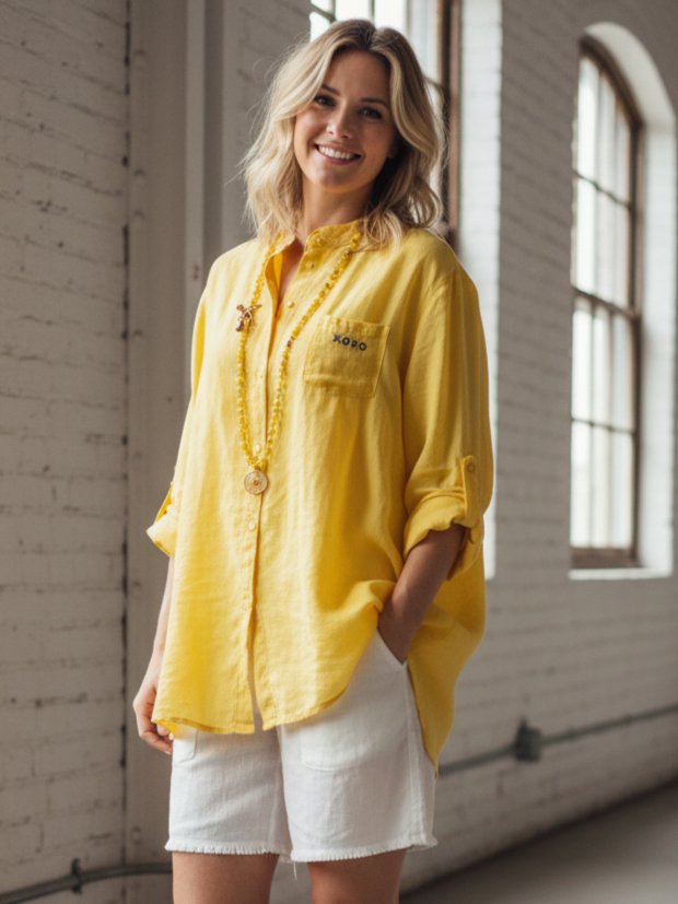 Luftige gelbe Bluse | Knopfleiste, 100% Baumwolle