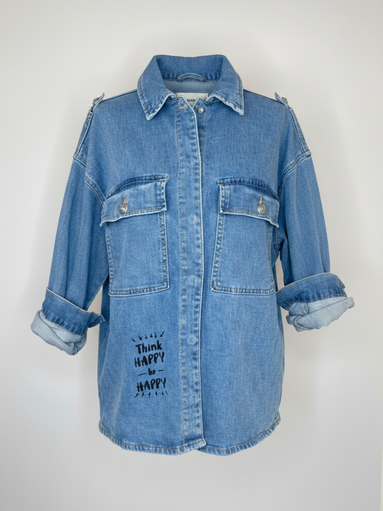 Jeansjacke | blau, Be Happy Print, 100% Baumwolle