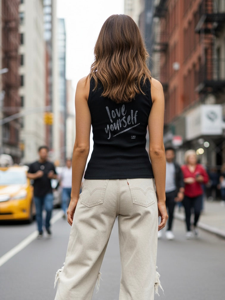 Trägertop | Love Yourself Print, schwarz, 100% Baumwolle