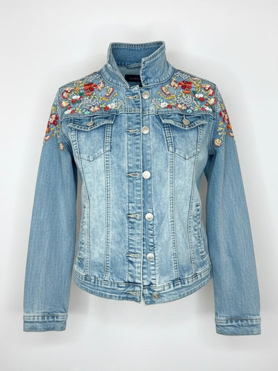 Boho Jeansjacke | Blumenstickerei, 100% Baumwolle