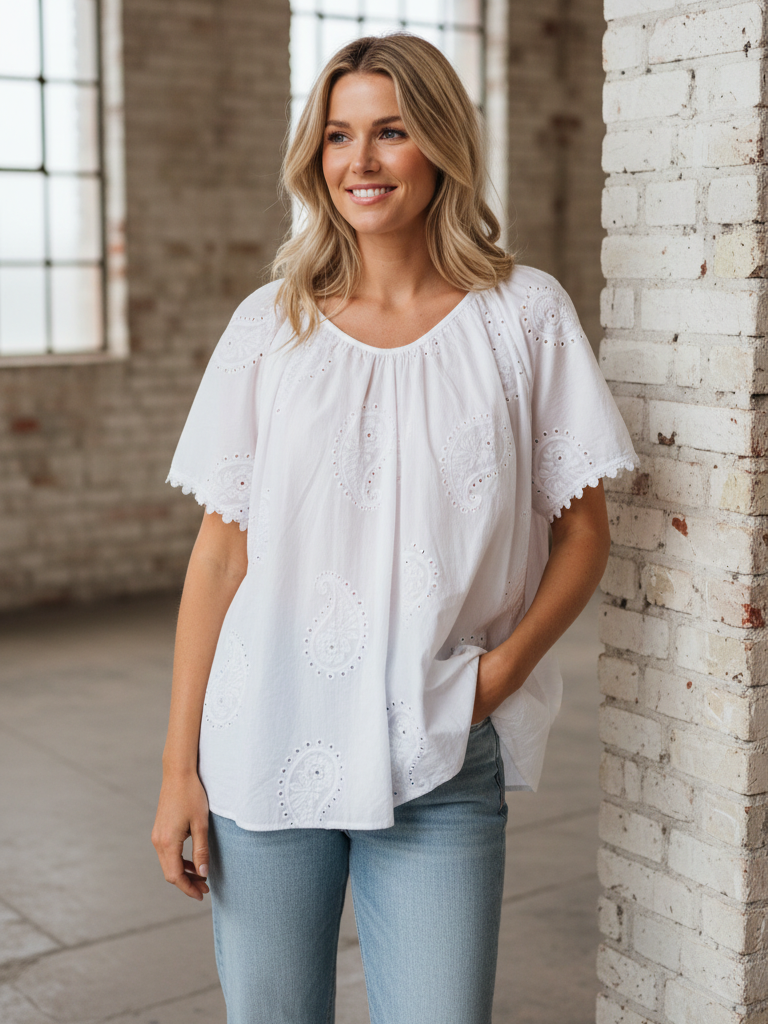 Kurzärmlige Hippie Bluse | weiß, 100% Baumwolle